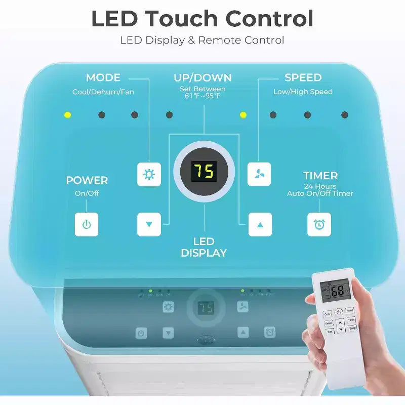 Condizionatore Portatile da 8.000 BTU, Unità 3-in-1 con 4 Modalità, Timer, Display LED, Telecomando e Kit di Installazione, per Camera da Letto/Soggiorno/Ufficio, Bianco.