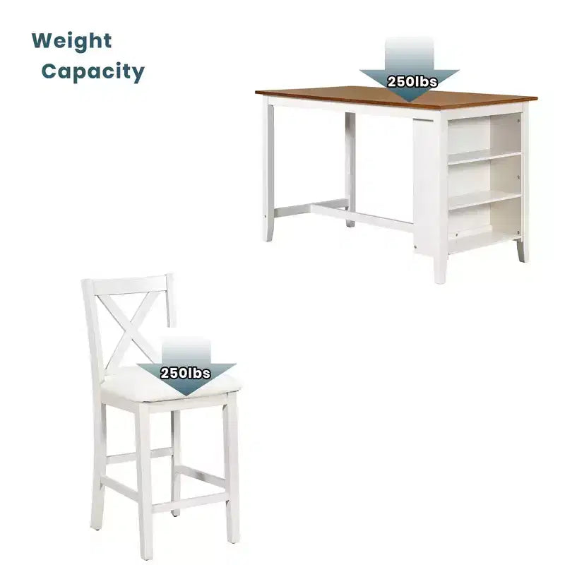 Set da pranzo Homy Casa 5 pezzi, tavolo e sedie altezza bancone con mensole, bianco e noce, stile moderno rustico