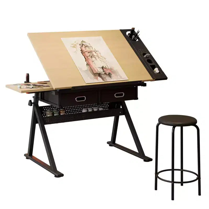 Tavolo da disegno regolabile in altezza, Tavolo da disegno inclinabile da 0 a 75 gradi per adulti, Scrivania da artista con 2 cassetti portaoggetti, con sgabello