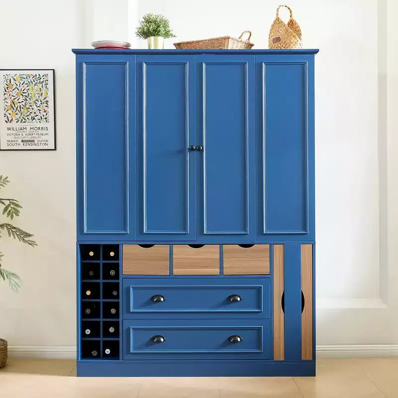 Garde-manger de cuisine autoportant Whisen de 180 cm de haut, grand buffet de salle à manger avec 4 portes pliantes, étagères, porte-bouteilles