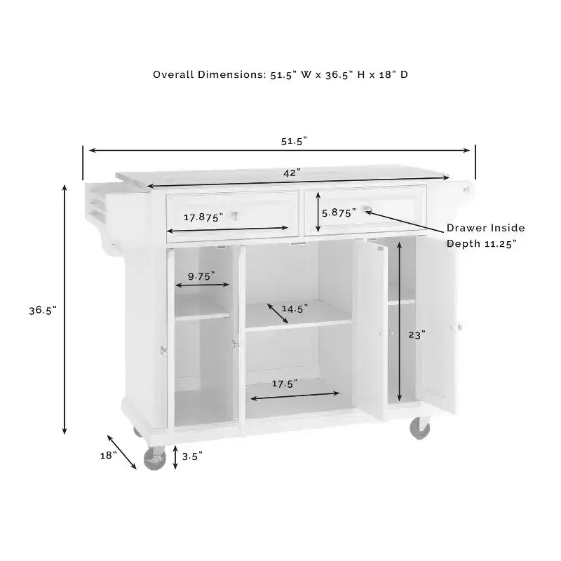 52" Full Size Granite Top Kitchen Cart with Storage