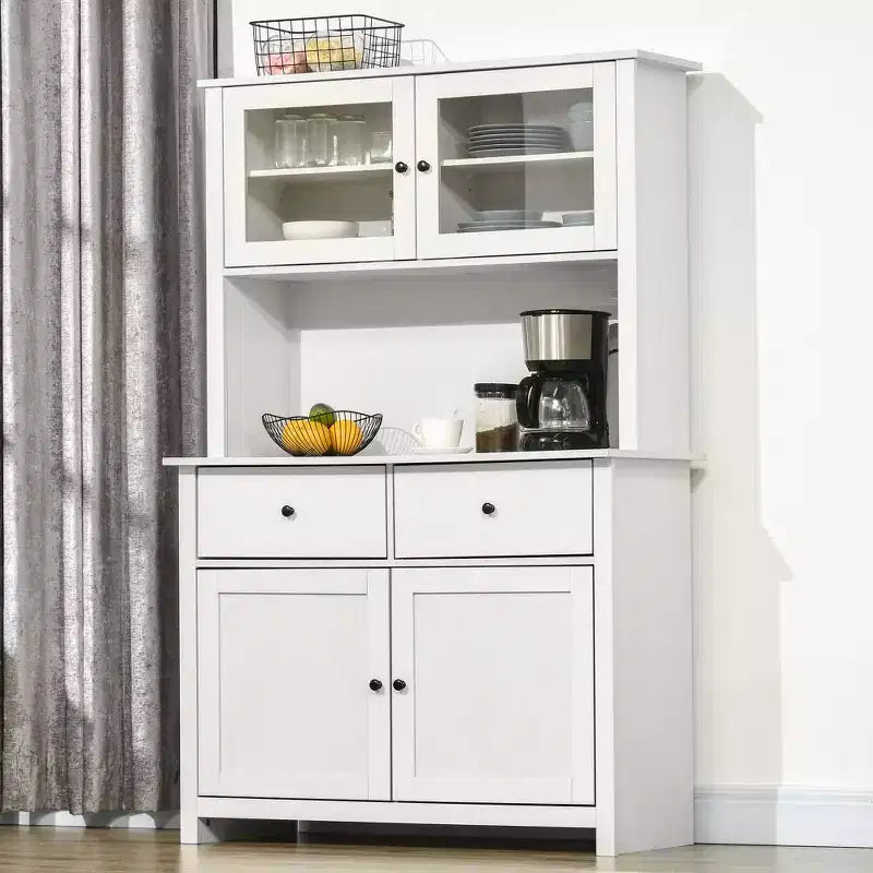 HOMCOM Credenza da Cucina 63,5 cm con Vetrina Superiore, Armadietto Dispensa con 4 Ripiani, Cassetti, Ante in Vetro, Ripiano Aperto per Microonde