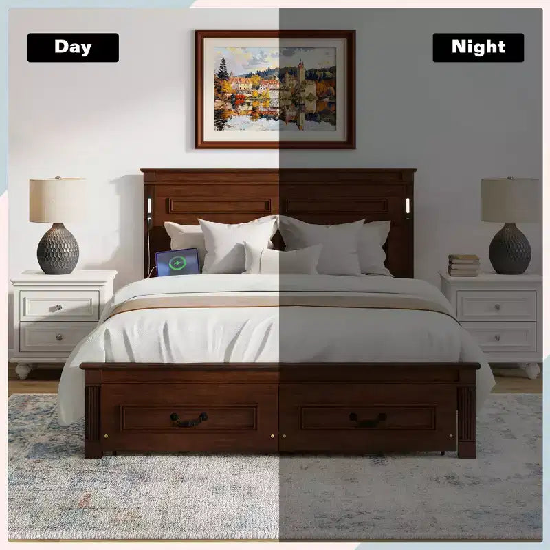 ModernLuxe Letto a Piattaforma Queen/King Size con Testiera Alta, Struttura Letto Rustica in Legno con 2 Cassetti, Luci LED e Porte USB