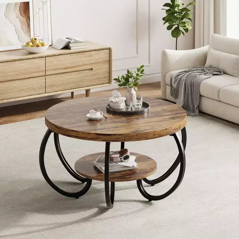 Tavolino Industriale Rotondo da 30 Pollici a 2 Livelli con Piedini Regolabili Ripiano Effetto Legno Design Fiamma Facile da Montare Soggiorno