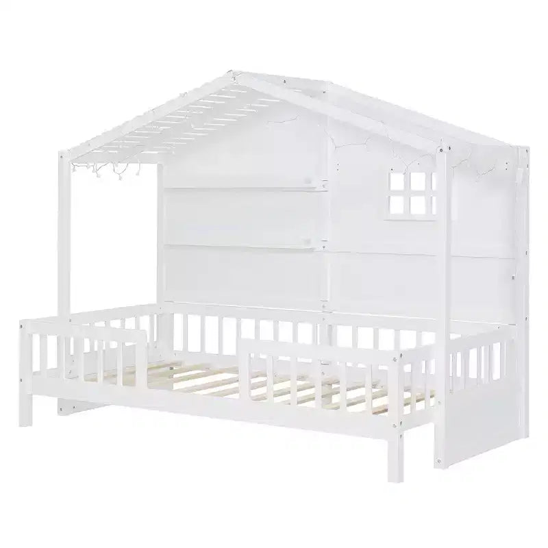 Letto a capanna per bambini con scaffali e sponde, Struttura letto in legno stile Montessori per bambini con finestra e striscia luminosa scintillante