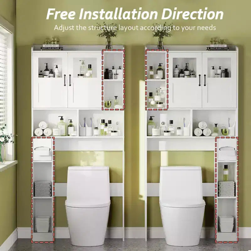 Mobiletto salvaspazio sopra il WC - Organizer e mobiletto da bagno in stile rustico da 67,4 H con ripiano regolabile e anta in vetro per bagno, lavanderia