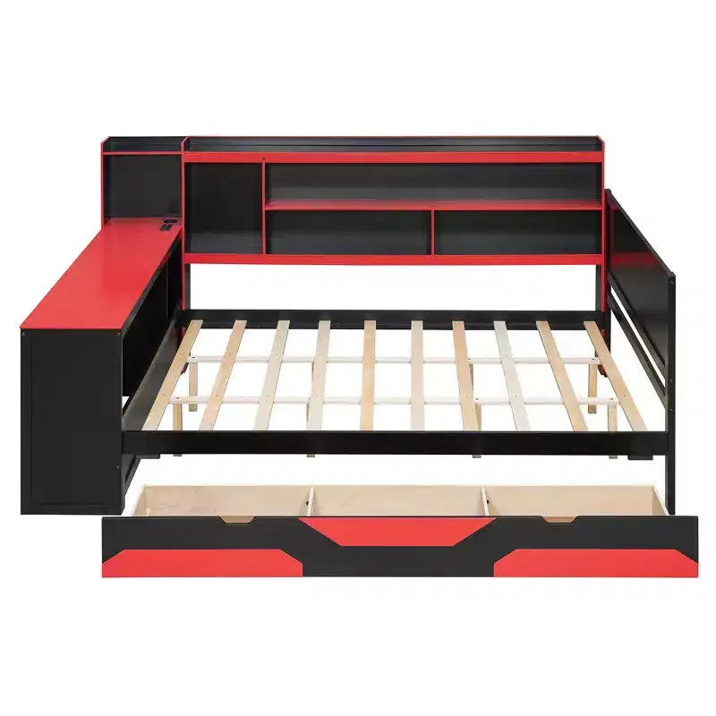 Daybed da gioco completo/queen size con testiera libreria, luci LED, scrivania integrata, cassetti e stazione di ricarica