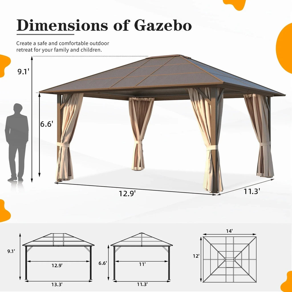 EROMMY Gazebo a tetto rigido, Pergola da esterno con doppio tetto, zanzariere e tende, Tenda da sole resistente per patio, cortile, feste in piscina