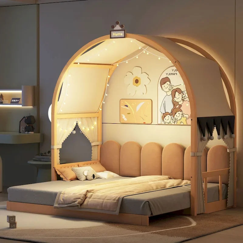 Letto a piattaforma in legno massiccio a forma di casetta, letto Montessori a terra con tetto ad arco e letto estraibile per bambine e bambini