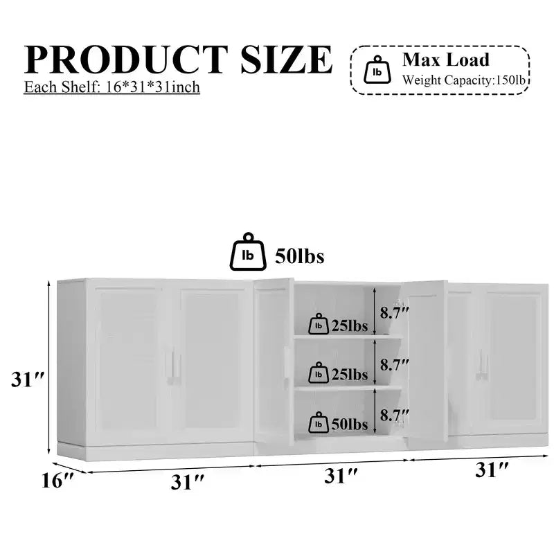Buffet de rangement à portes en rotin 3 ensembles avec étagères réglables - 93L x 31H