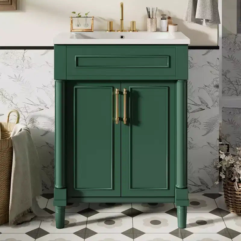 Mobiletto da bagno 61 cm con lavabo in ceramica, mobile stile shaker, 2 ante con chiusura ammortizzata, struttura in legno massello per bagno piccolo o bagno di servizio