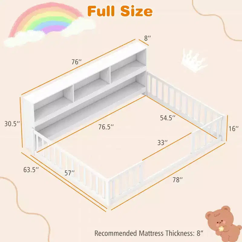 Letto a terra Montessori per materasso singolo/una piazza e mezza con libreria, ripiani e sponde di sicurezza bianco/grigio