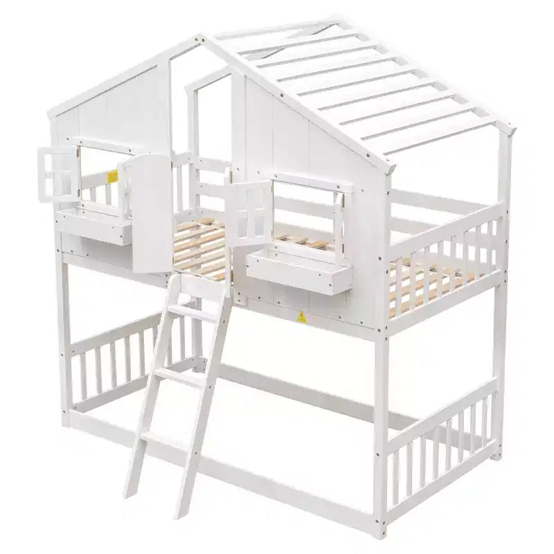 Letto a soppalco a forma di casetta con scaletta e spondine per bambini, in legno, misura singola
