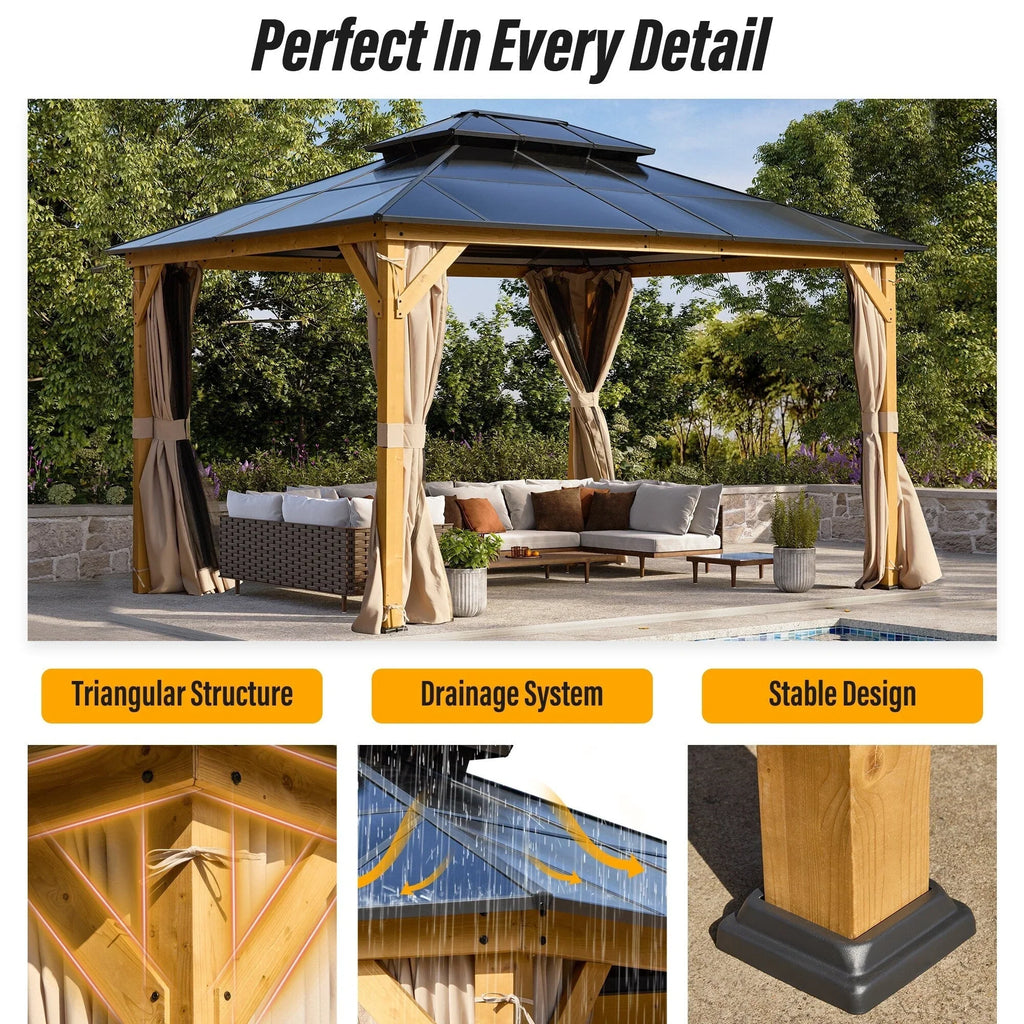 EROMMY Gazebo a tetto rigido, Pergola da esterno con doppio tetto, zanzariere e tende, Tenda da sole resistente per patio, cortile, feste in piscina
