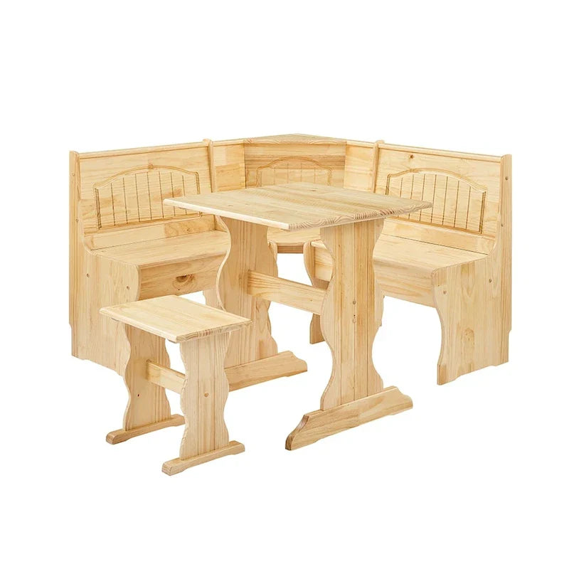 MUSEHOMEINC Set da Pranzo ad Angolo Nook in Stile Tradizionale a 3 Pezzi in Legno Massello con Panca Laterale, Set Tavolo Angolare con Contenitore Nascosto