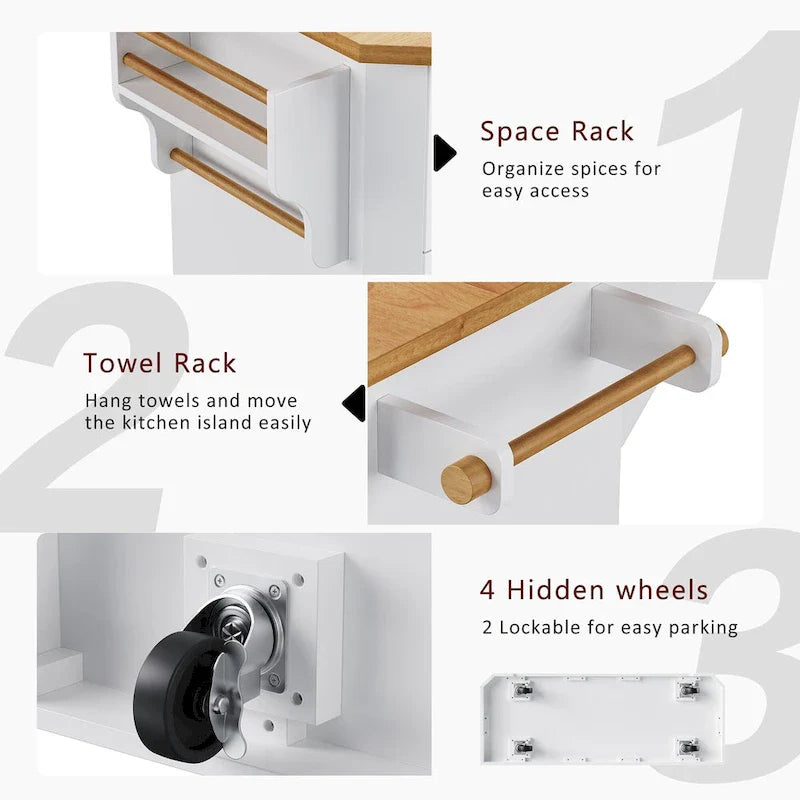 Isola Cucina Espandibile con Ante a Scomparsa, Carrello Cucina su 4 Ruote con Presa Elettrica, Tavolo Isola Mobile con 2 Ante e 6 Cassetti