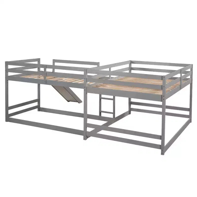 Letto a castello a L per 4 bambini, letto a castello quadruplo con scivolo, struttura in legno full e twin per cameretta dormitorio