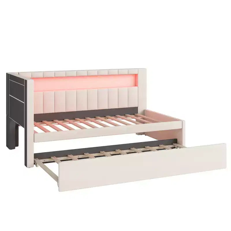 Letto da Giorno Twin/Full con Letto Estraibile e Testiera a Libreria a L, Letto Angolare Imbottito in Lino con Ripiani Portaoggetti e Cinghia a LED