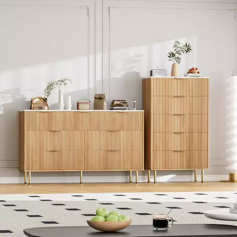 Comò a 5 cassetti bianco / marmo e legno – Pannello scanalato, per uso singolo