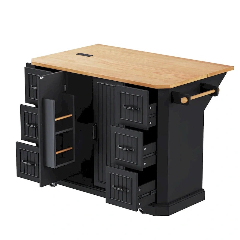 Isola Cucina Espandibile con Ante a Scomparsa, Carrello Cucina su 4 Ruote con Presa Elettrica, Tavolo Isola Mobile con 2 Ante e 6 Cassetti