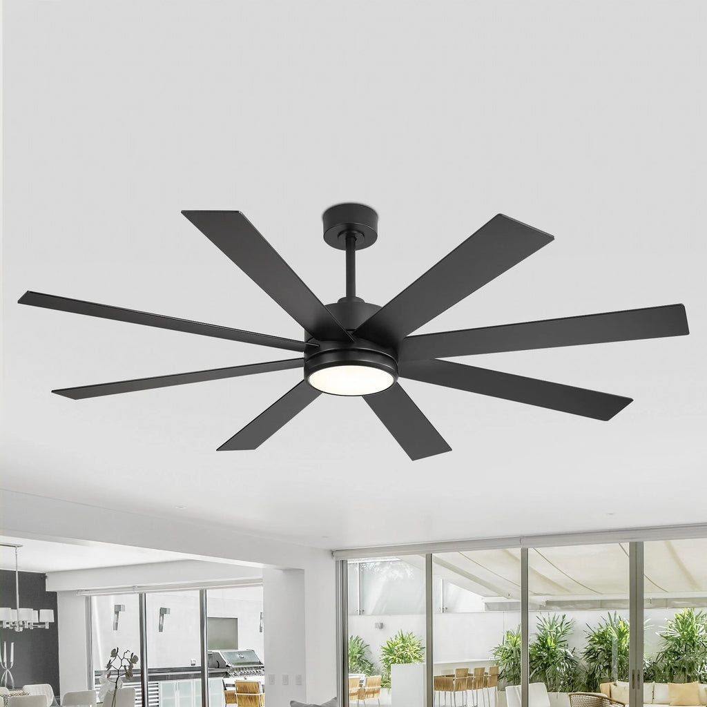 Ventilatore da soffitto nero da 65 pollici a 8 pale con luce LED e telecomando