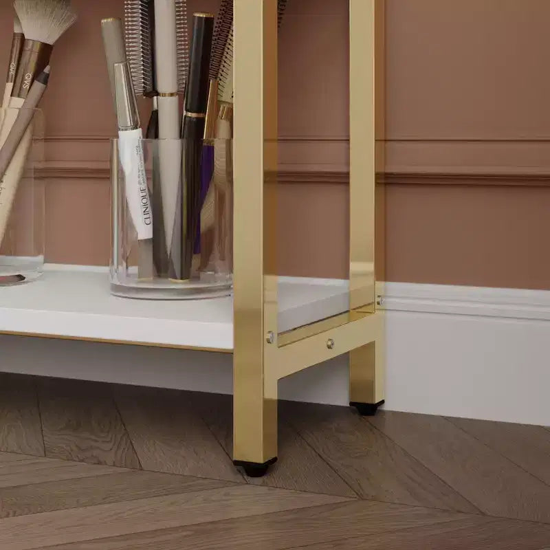 Tavolo Unghie Bianco con Aspiratore Integrato, Vetrina in Vetro Temperato, Maniglie Dorate, Postazione Salone Unghie, Tavolo Trucco