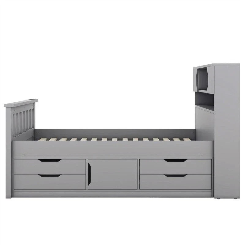 Letto a piattaforma Twin/Full Size Captain con 4 cassetti e mensole portaoggetti, struttura letto in legno massello con testiera libreria contenitore