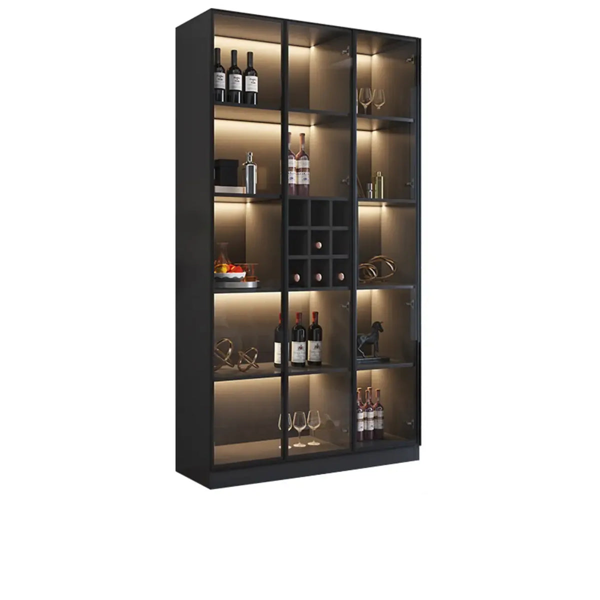 Mobile portabottiglie minimalista in legno nero con anta in vetro
