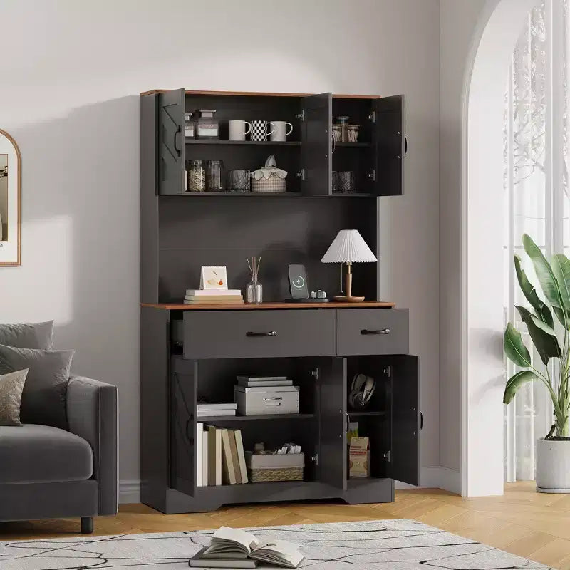 Mobile dispensa da cucina da 71" con stazione di ricarica, ampio piano di lavoro, supporto per microonde e 2 cassetti, mobile contenitore per sala da pranzo e soggiorno