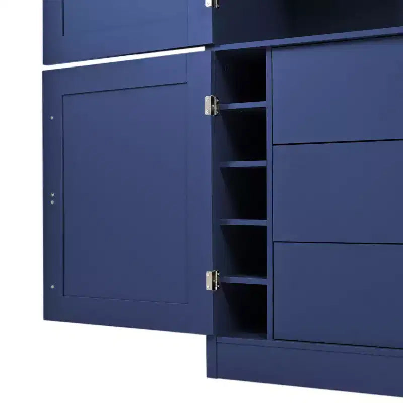 Dispensa Alta da Cucina con Prese di Corrente, Grande Credenza Autoportante con Supporto per Microonde, Cassetti, Scaffali, Portabottiglie e Ante con Ripiani