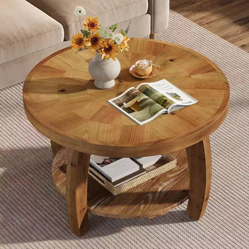 Lantine Tavolino rotondo in legno massello, tavolino a 2 ripiani con portaoggetti, piano da 80 cm con motivo a mosaico, facile da montare, per soggiorno, marrone