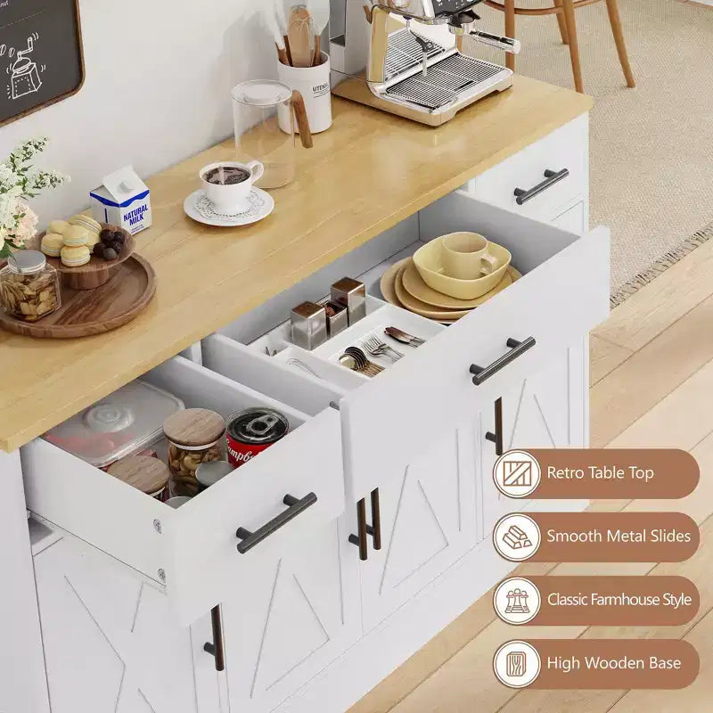 Mobile Buffet Celebalcony con Contenitore, Grande Mobile Contenitore da Cucina da 53,4 pollici con 3 Cassetti e 4 Ante, Ripiano Regolabile per Cucina, Soggiorno
