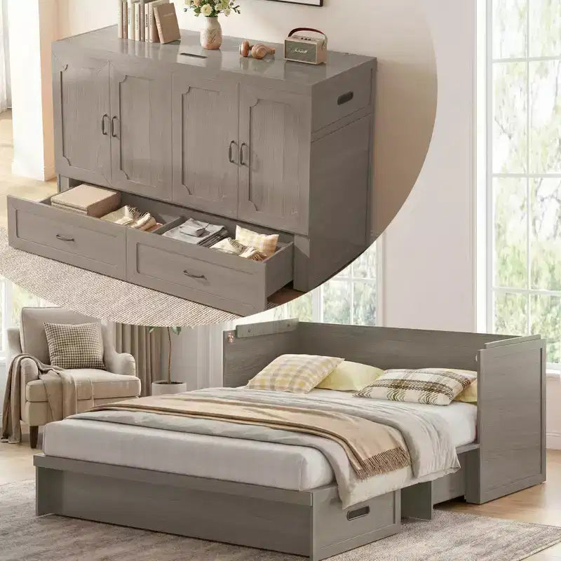 Mjkone Letto a Scomparsa Convertibile Matrimoniale Queen Size con Ricarica USB, Cassetti Contenitori, Materasso Escluso