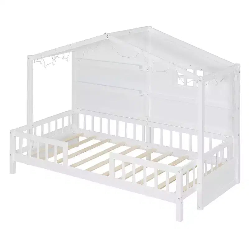 Letto a capanna per bambini con scaffali e sponde, Struttura letto in legno stile Montessori per bambini con finestra e striscia luminosa scintillante