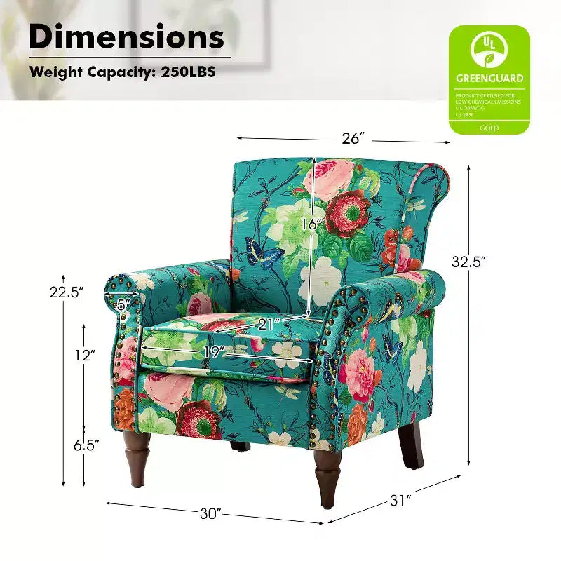 Poltrona Araceli Tradizionale in Legno Imbottita Floreale con Schienale Alto e Borchie | ART OF LIVING DESIGNS