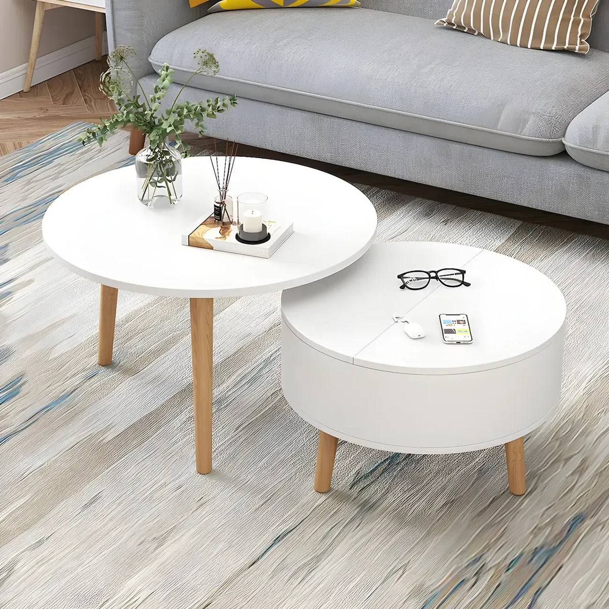 Tavolino da caffè rotondo moderno in legno bianco e nero con contenitore