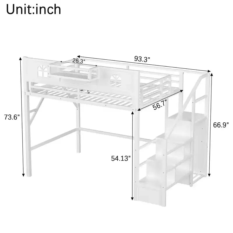 Letto a soppalco ModernLuxe matrimoniale/queen size con scale e armadio integrato, struttura letto in metallo con luci a LED, stazione di ricarica USB e ripiani portaoggetti