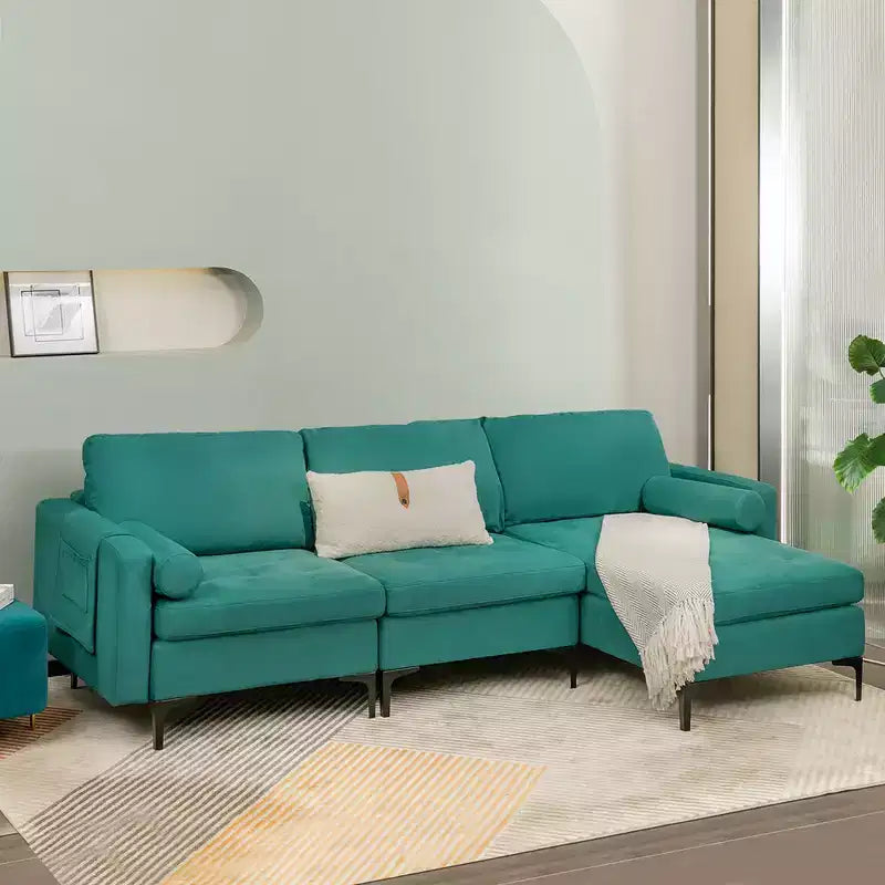 Divano componibile a L Costway con chaise longue reversibile e 2 porte USB, color verde acqua