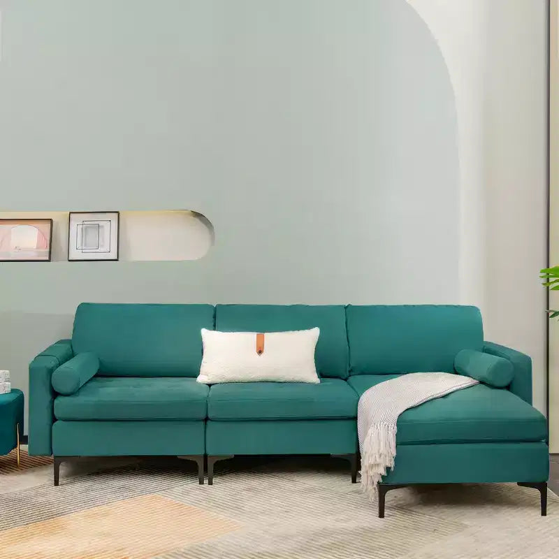 Divano componibile a L Costway con chaise longue reversibile e 2 porte USB, color verde acqua