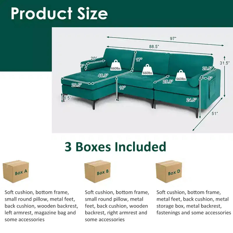Divano componibile a L Costway con chaise longue reversibile e 2 porte USB, color verde acqua