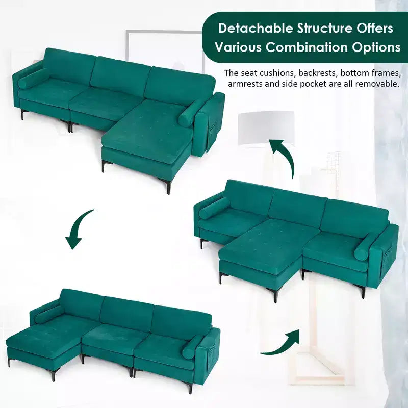 Divano componibile a L Costway con chaise longue reversibile e 2 porte USB, color verde acqua