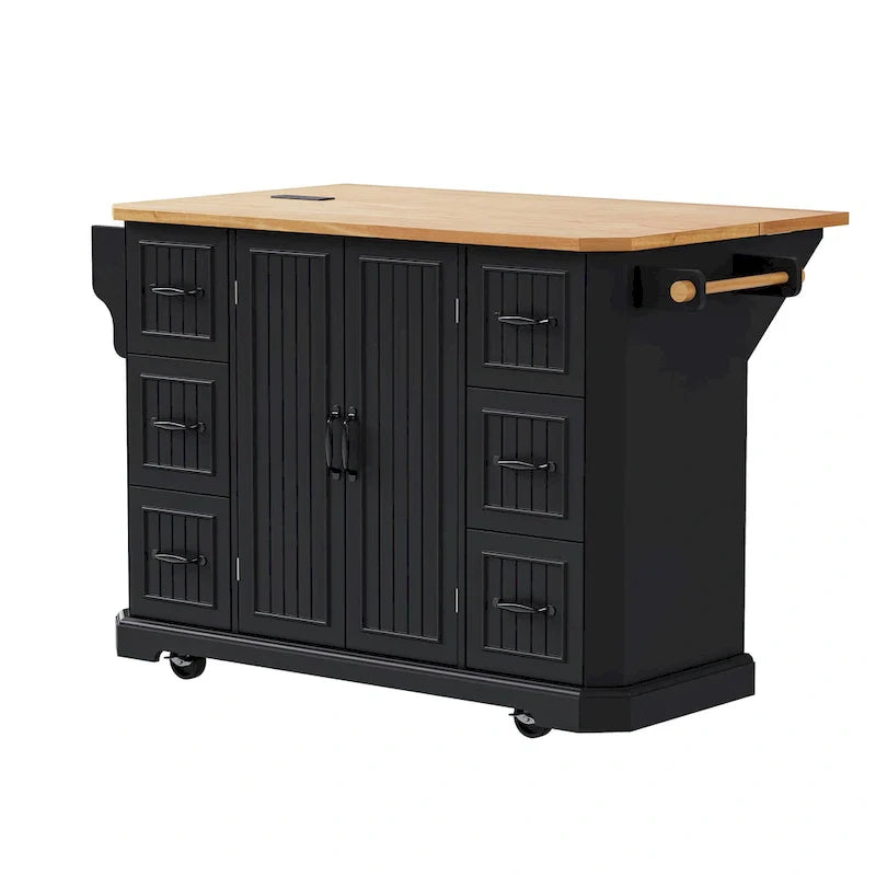Isola Cucina Espandibile con Ante a Scomparsa, Carrello Cucina su 4 Ruote con Presa Elettrica, Tavolo Isola Mobile con 2 Ante e 6 Cassetti