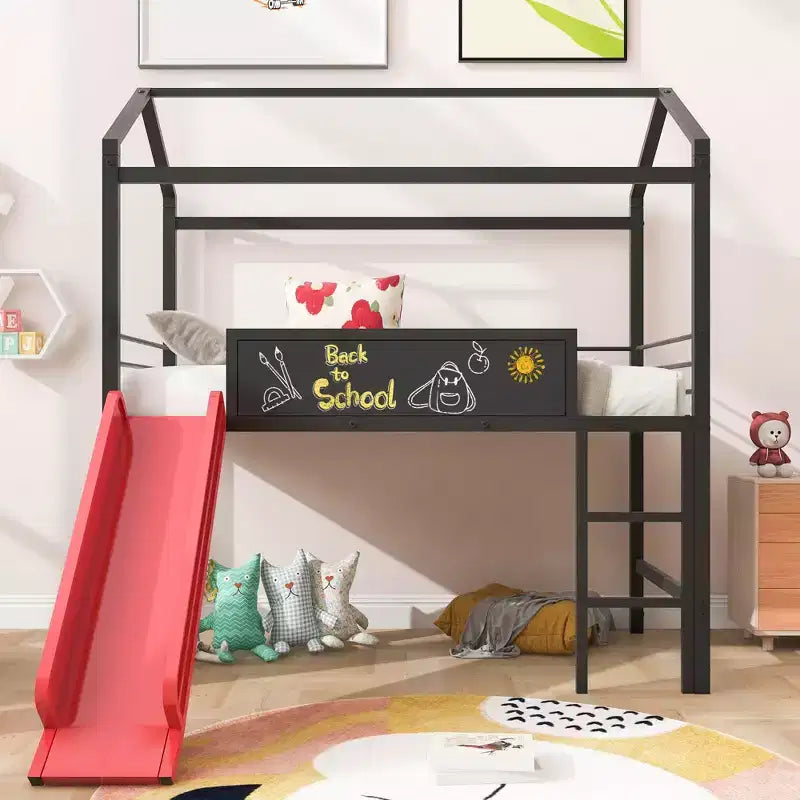 Letto a soppalco Twin Size a forma di casa con scivolo e lavagna scrivibile, robusta struttura in metallo con divertente area gioco - ModernLuxe
