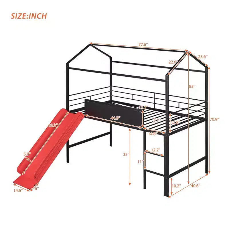 Letto a soppalco Twin Size a forma di casa con scivolo e lavagna scrivibile, robusta struttura in metallo con divertente area gioco - ModernLuxe