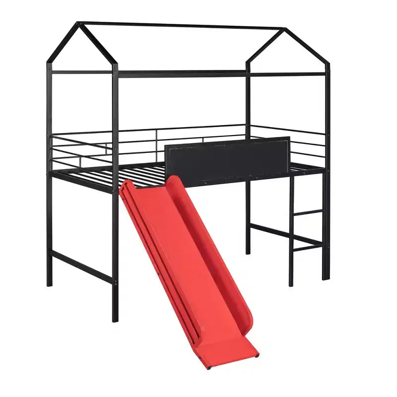 Letto a soppalco Twin Size a forma di casa con scivolo e lavagna scrivibile, robusta struttura in metallo con divertente area gioco - ModernLuxe