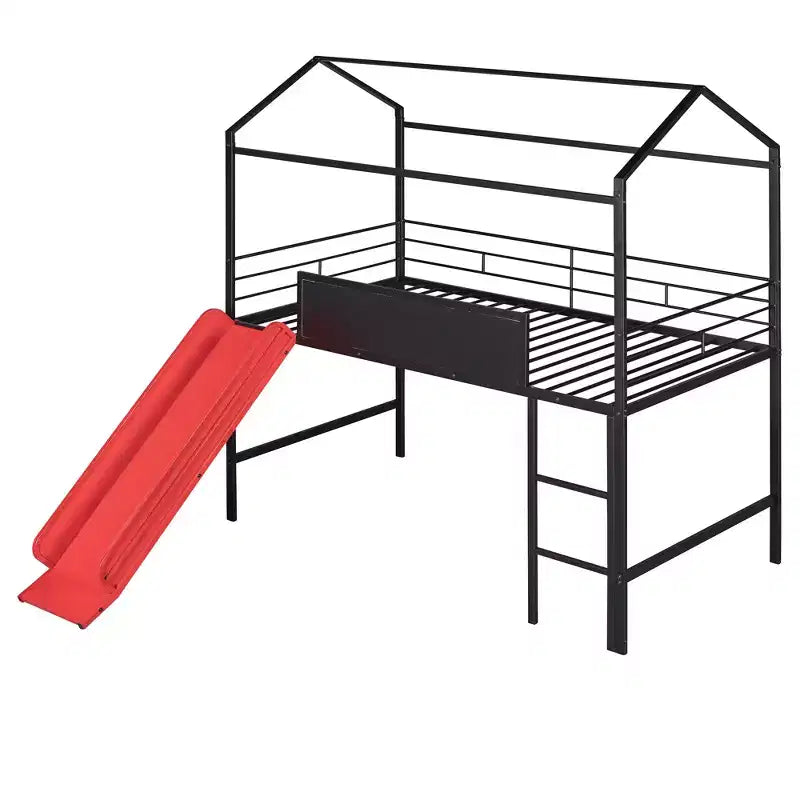 Letto a soppalco Twin Size a forma di casa con scivolo e lavagna scrivibile, robusta struttura in metallo con divertente area gioco - ModernLuxe