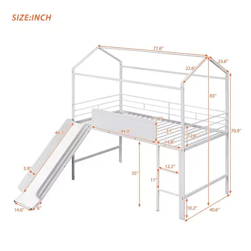 Letto a soppalco Twin Size a forma di casa con scivolo e lavagna scrivibile, robusta struttura in metallo con divertente area gioco - ModernLuxe