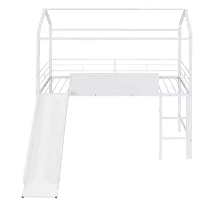 Letto a soppalco Twin Size a forma di casa con scivolo e lavagna scrivibile, robusta struttura in metallo con divertente area gioco - ModernLuxe