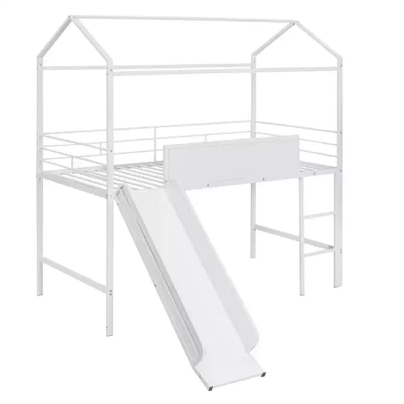 Letto a soppalco Twin Size a forma di casa con scivolo e lavagna scrivibile, robusta struttura in metallo con divertente area gioco - ModernLuxe
