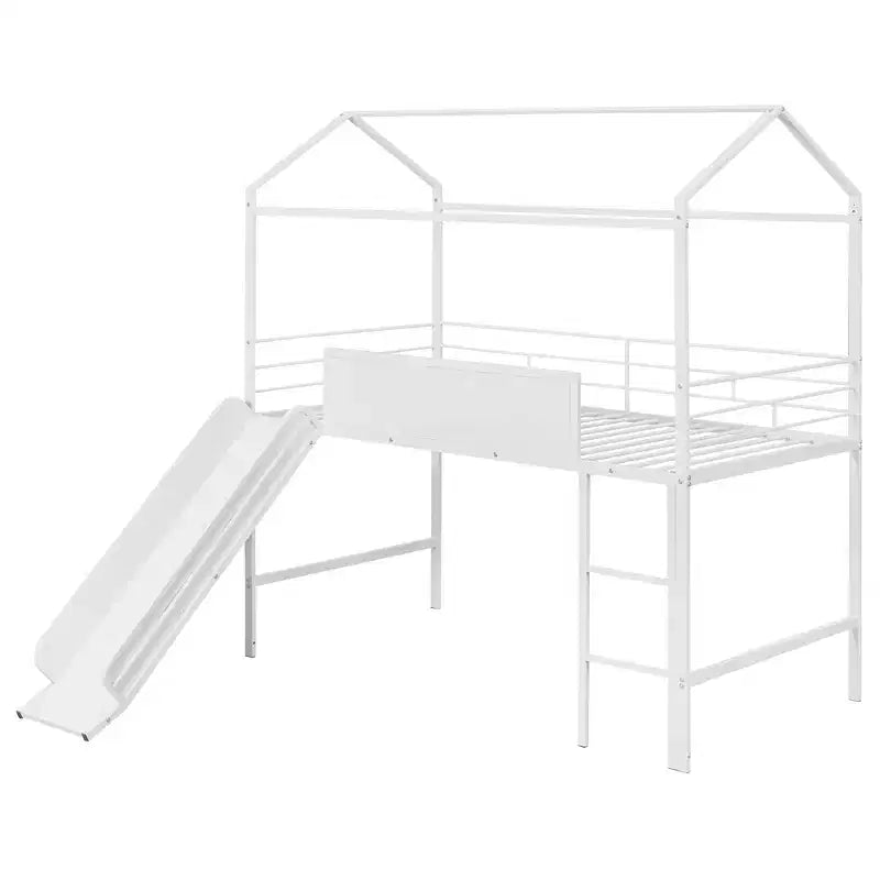 Letto a soppalco Twin Size a forma di casa con scivolo e lavagna scrivibile, robusta struttura in metallo con divertente area gioco - ModernLuxe